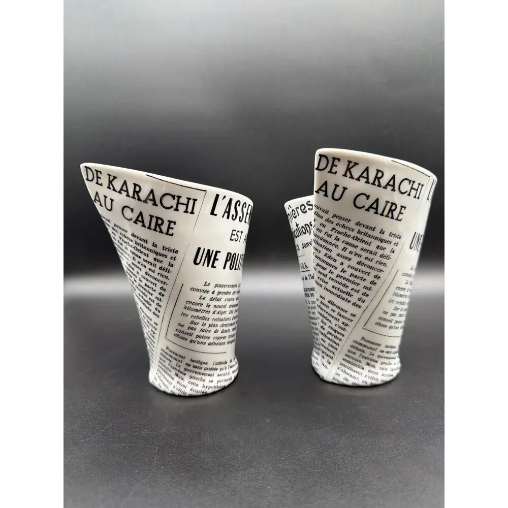 Williams Sonoma French Newspaper Porcelain Fry Holders Paris Cafe Set 2